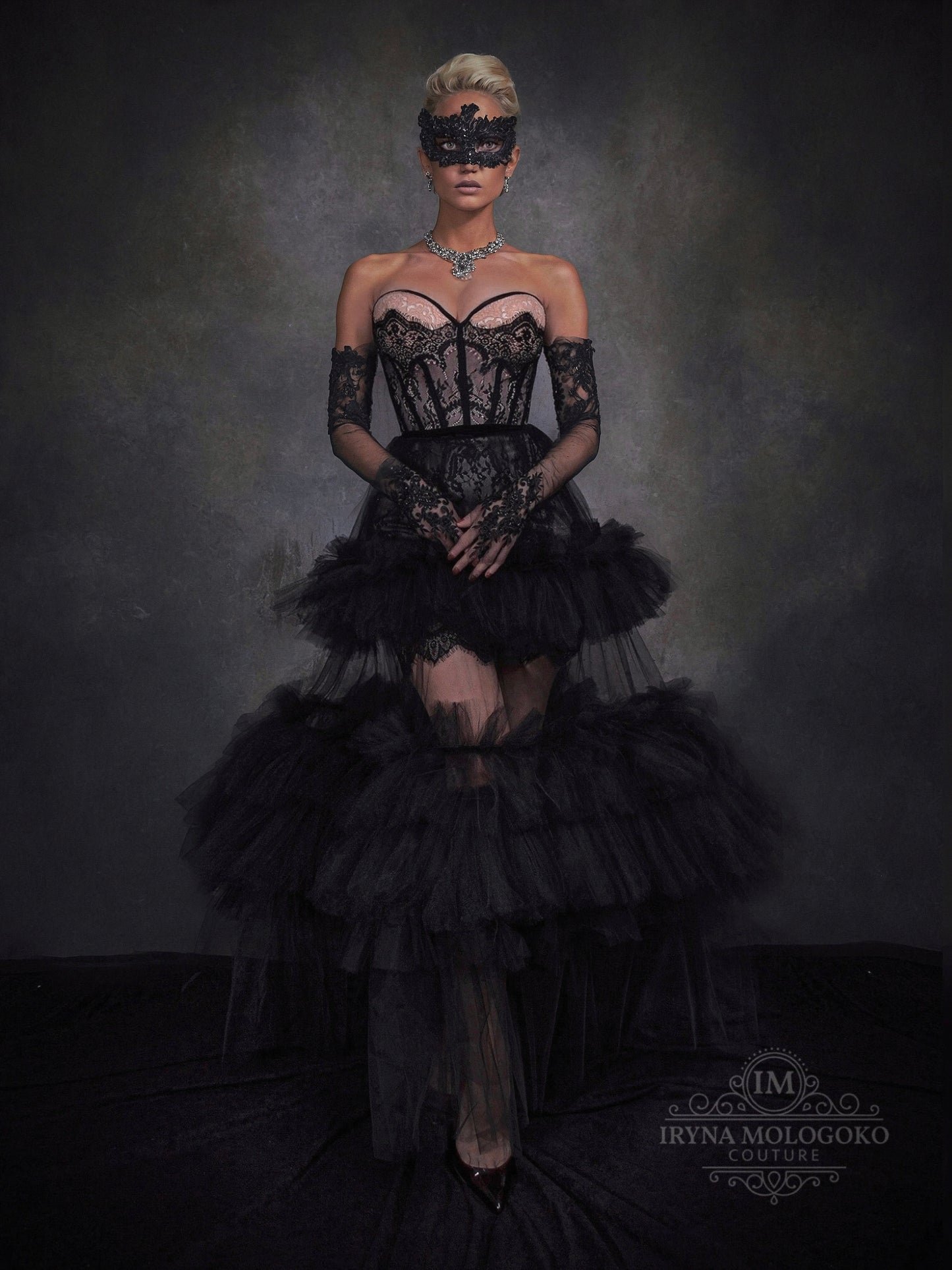 Femme En Noir Black Couture Corseted Dress One of a Kind