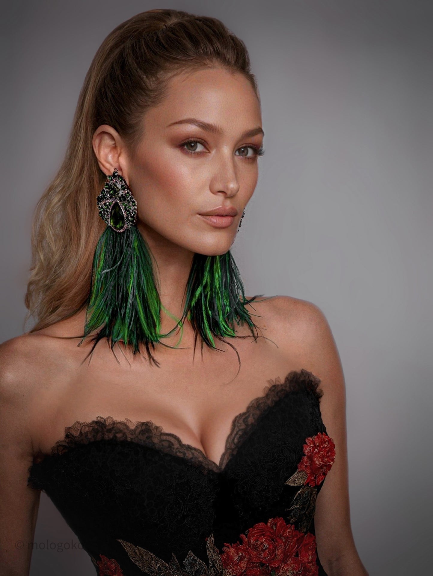 EMERALD GREEN VIOLETA Dangle Statement Feather Earrings on POST