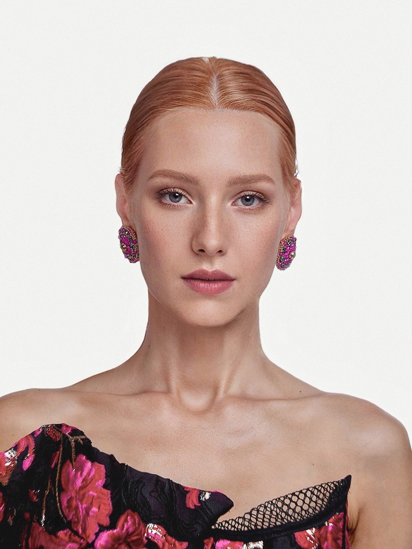 Hot Pink and Gold Hand Beaded Stud Earrings