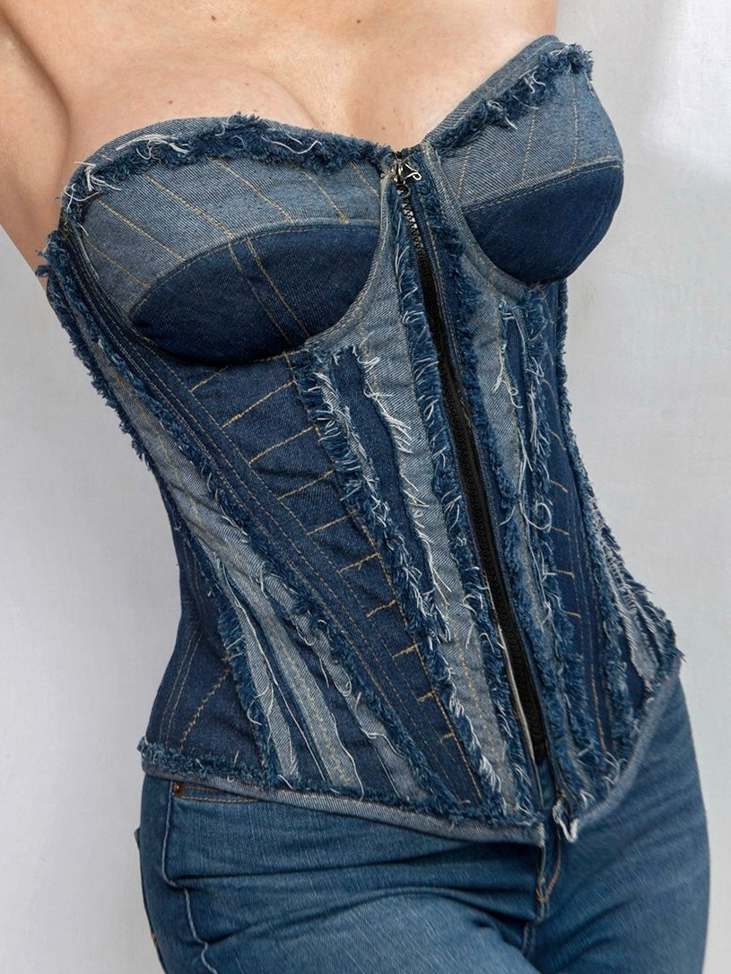 Denim Organic Cotton Quilted Front Zipper Corset - Mologoko Couture