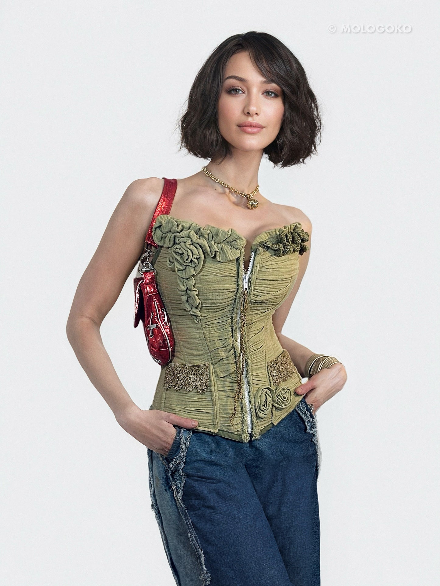 Miranda Organic Cotton Gauze Draped Front Zipper Corset - custom made clothing