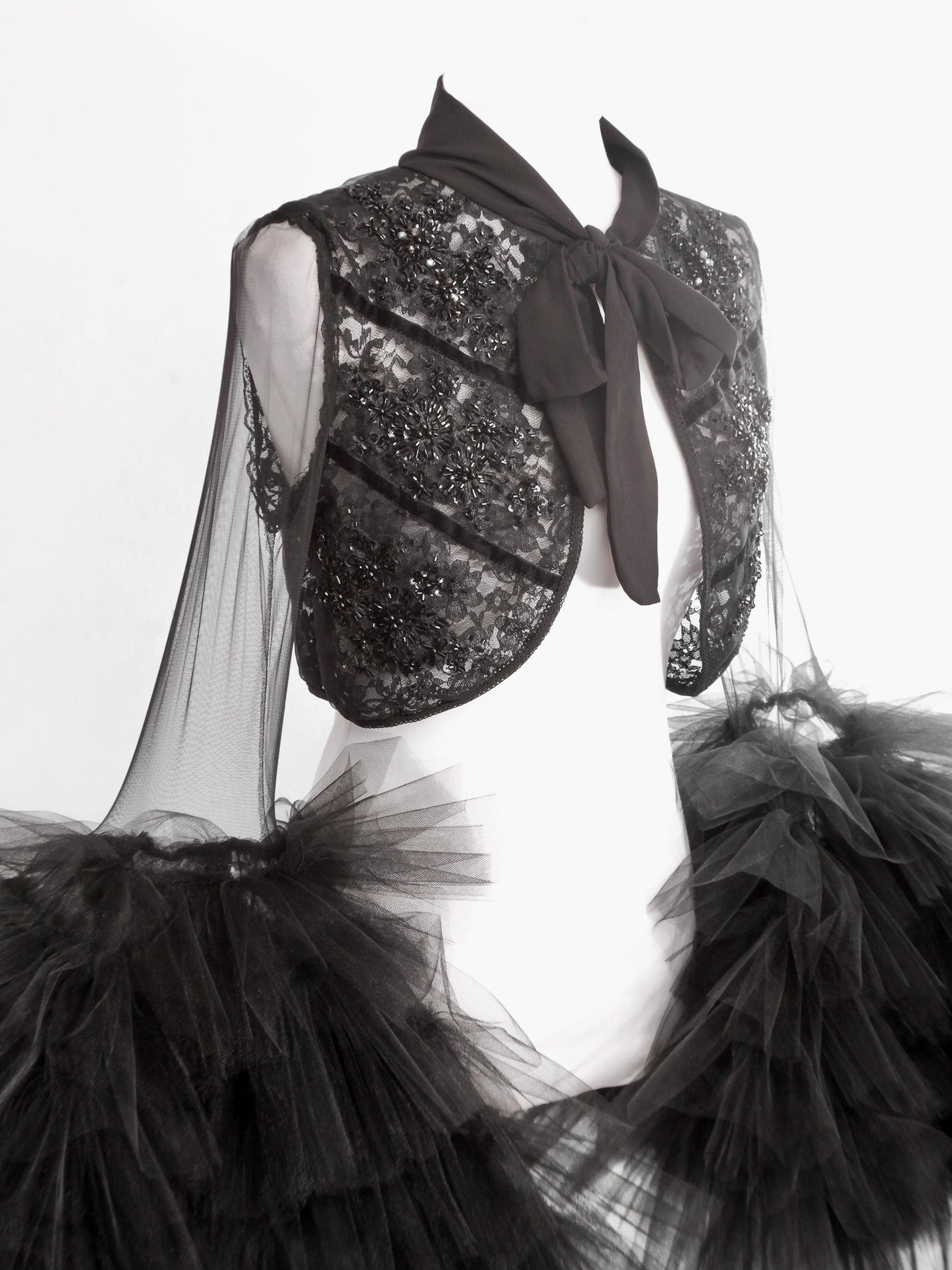 Embroidered Semi Sheer Large Tulle Sleeves Black Bolero Jacket