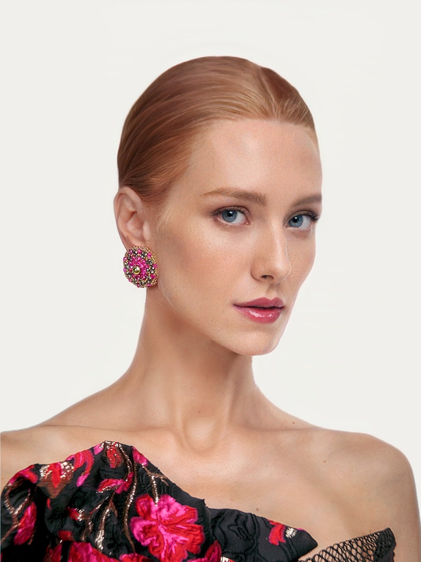 Hot Pink and Gold Hand Beaded Stud Earrings