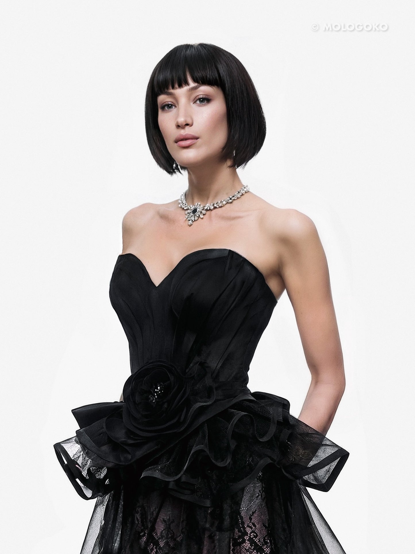 Dina Red Carpet Style Corset with Peplum and Flower - Mologoko Couture