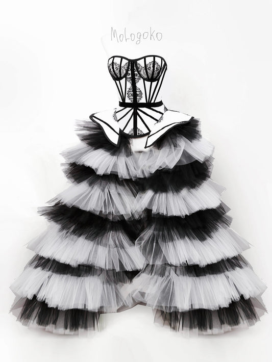 The Chapel Window Tulle Black and White Overskirt - Mologoko Couture