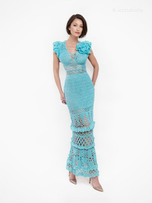 Blossom Crochet Maxi Dress in turquoise with delicate lace pattern, ruffled sleeves and tiered skirt design
