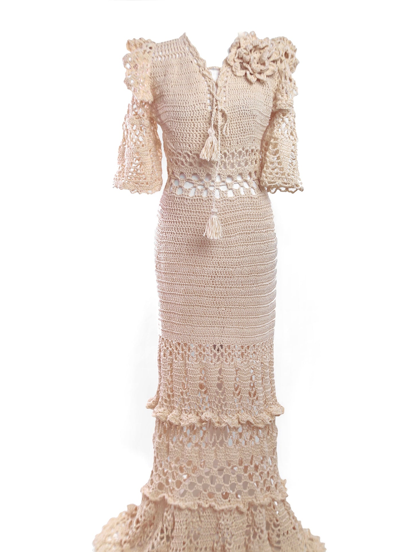 Dita Crochet Maxi Dress with Lacy Sleeves - Mologoko Couture