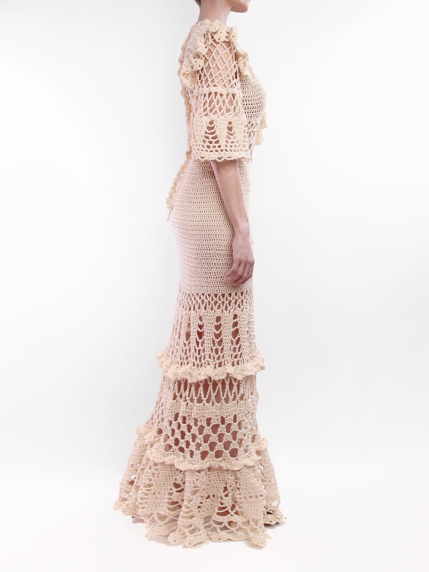 Dita Crochet Maxi Dress with Lacy Sleeves - Mologoko Couture