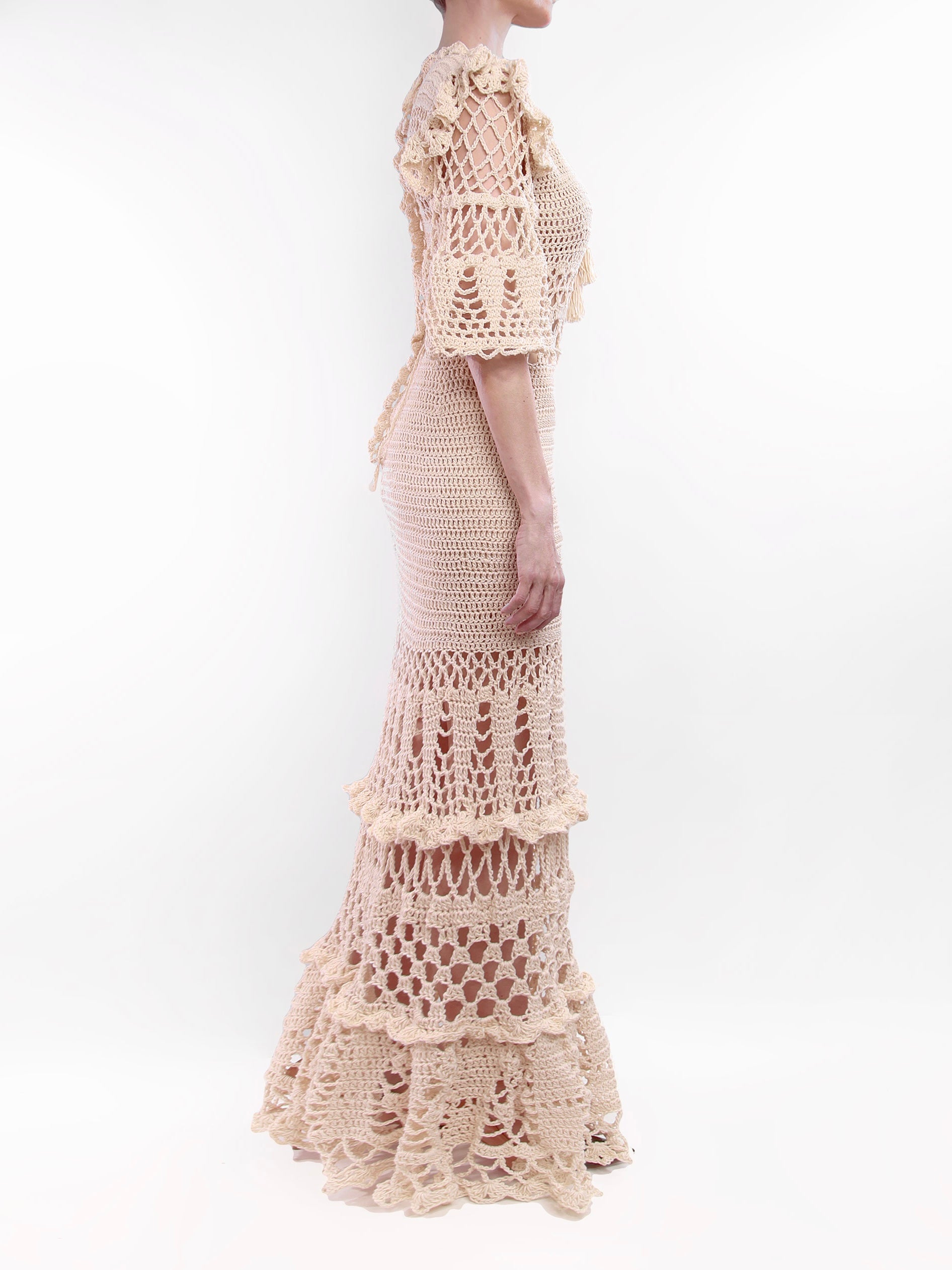 Dita Crochet Maxi Dress with Lacy Sleeves - Mologoko Couture