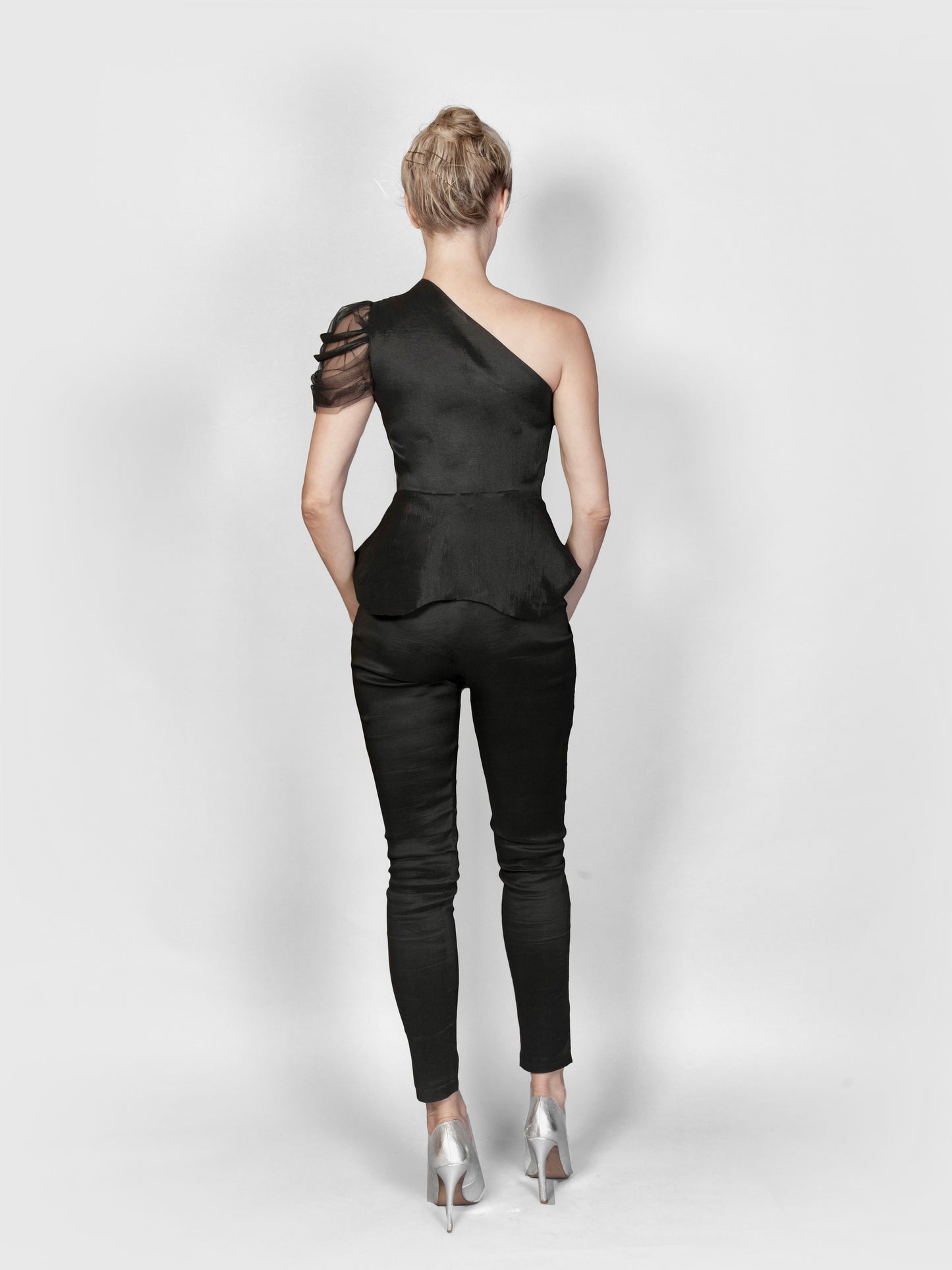 Linda Asymmetrical One Mesh Sleeve Top