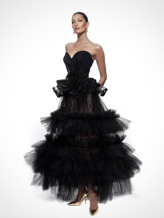 Femme En Noir Layered Tulle and Lace Maxi Skirt - Mologoko Couture