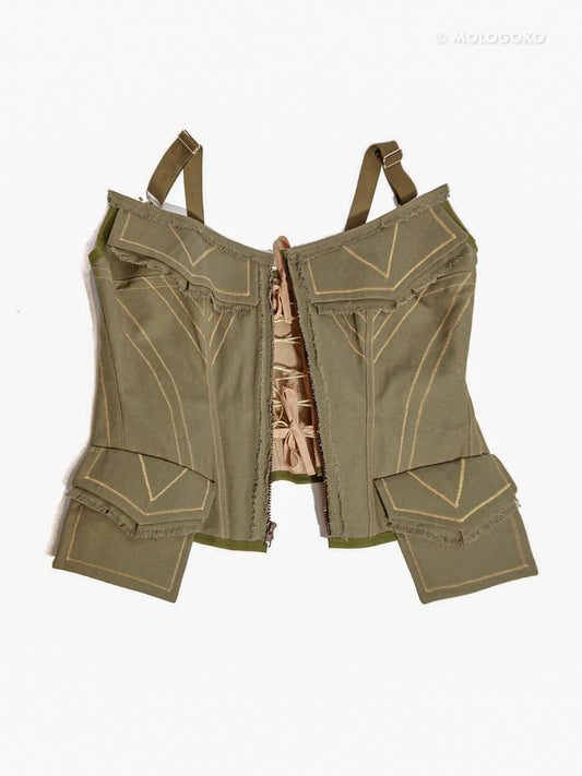 Olive Organic Cotton Quilted Front Zipper Corset with Pockets - Mologoko Couture