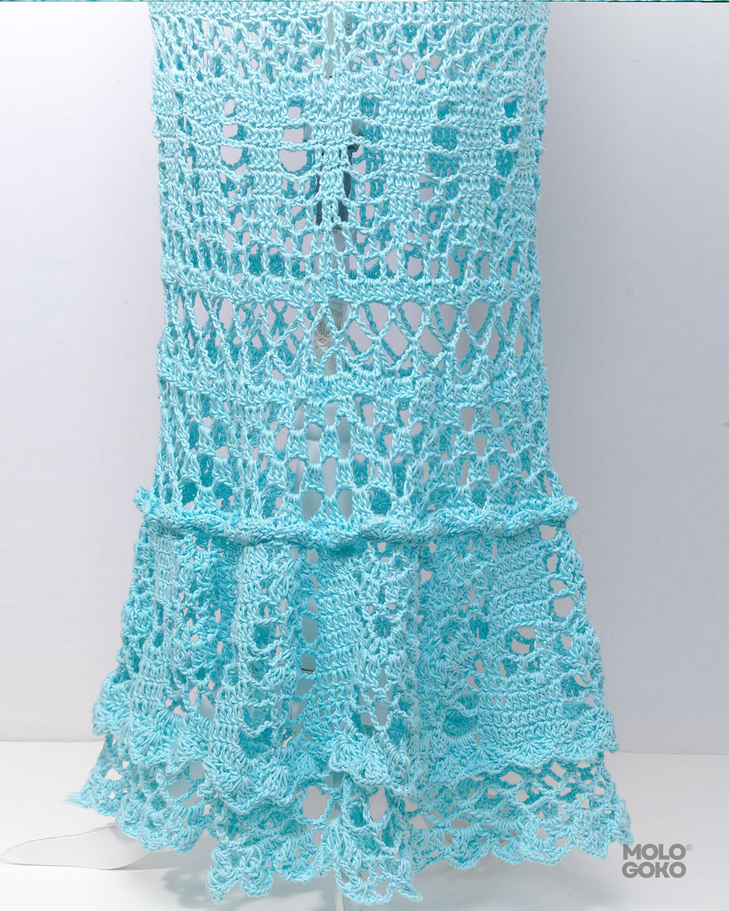 Blossom Crochet Maxi Dress in turquoise cotton featuring intricate lace pattern with tiered ruffles and delicate openwork design