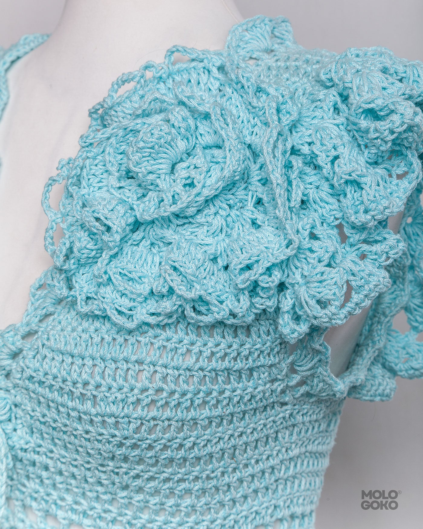 Blossom Crochet Maxi Dress in aqua blue featuring intricate crochet pattern with ruffled detail on handmade cotton dress