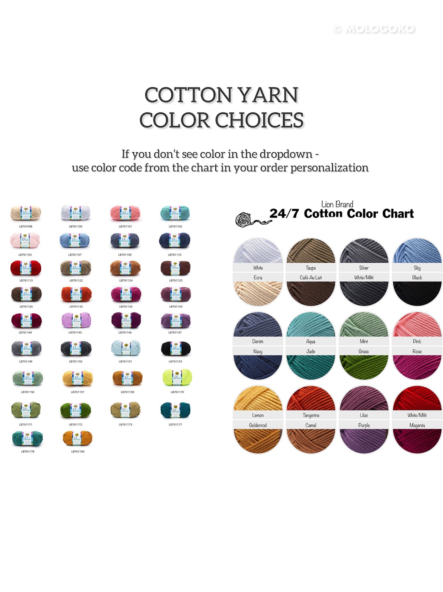 Color chart for Blossom Crochet Maxi Dress showing various cotton yarn options including blue, pink, green, and neutral shades
