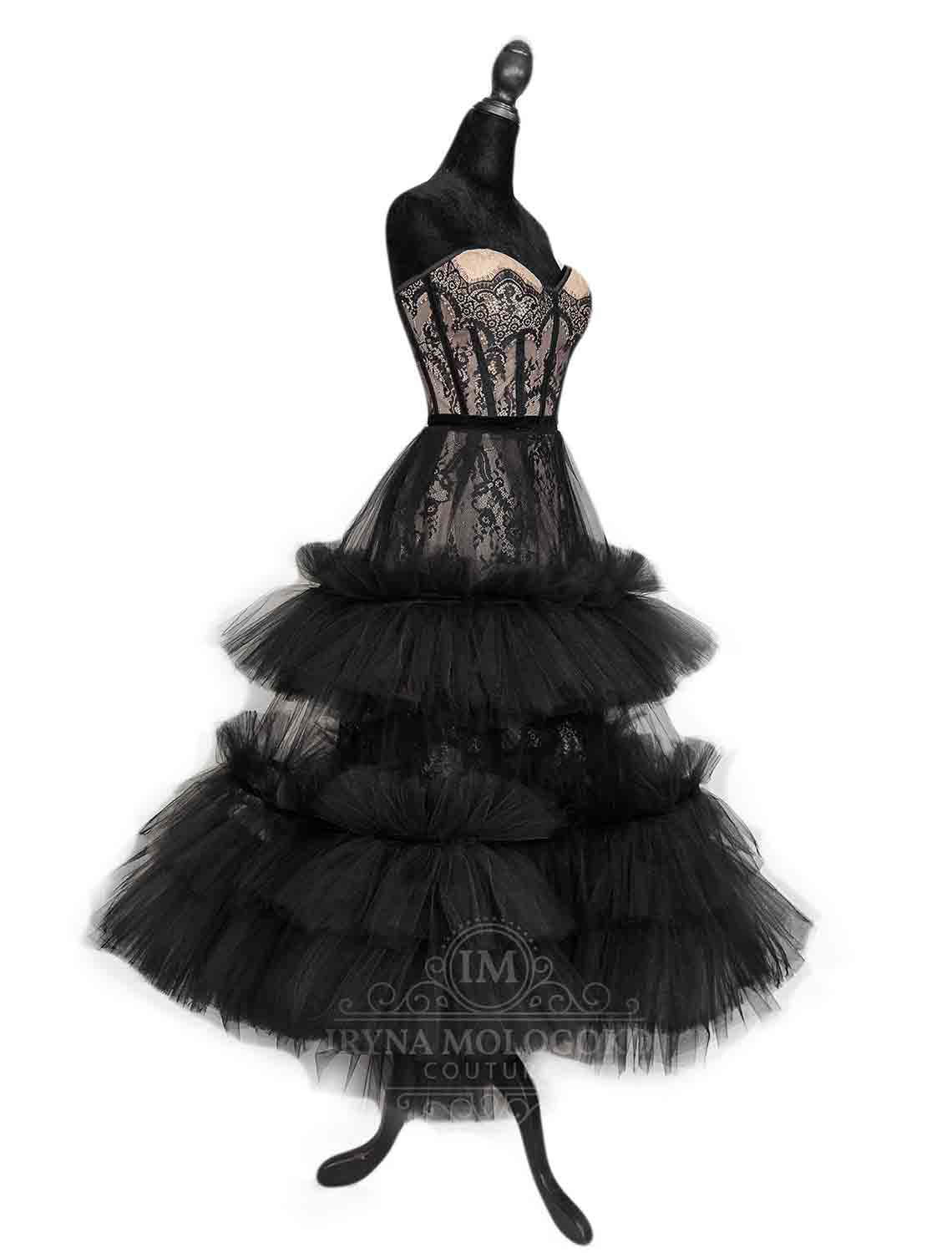 Femme En Noir Black Couture Corseted Dress One of a Kind