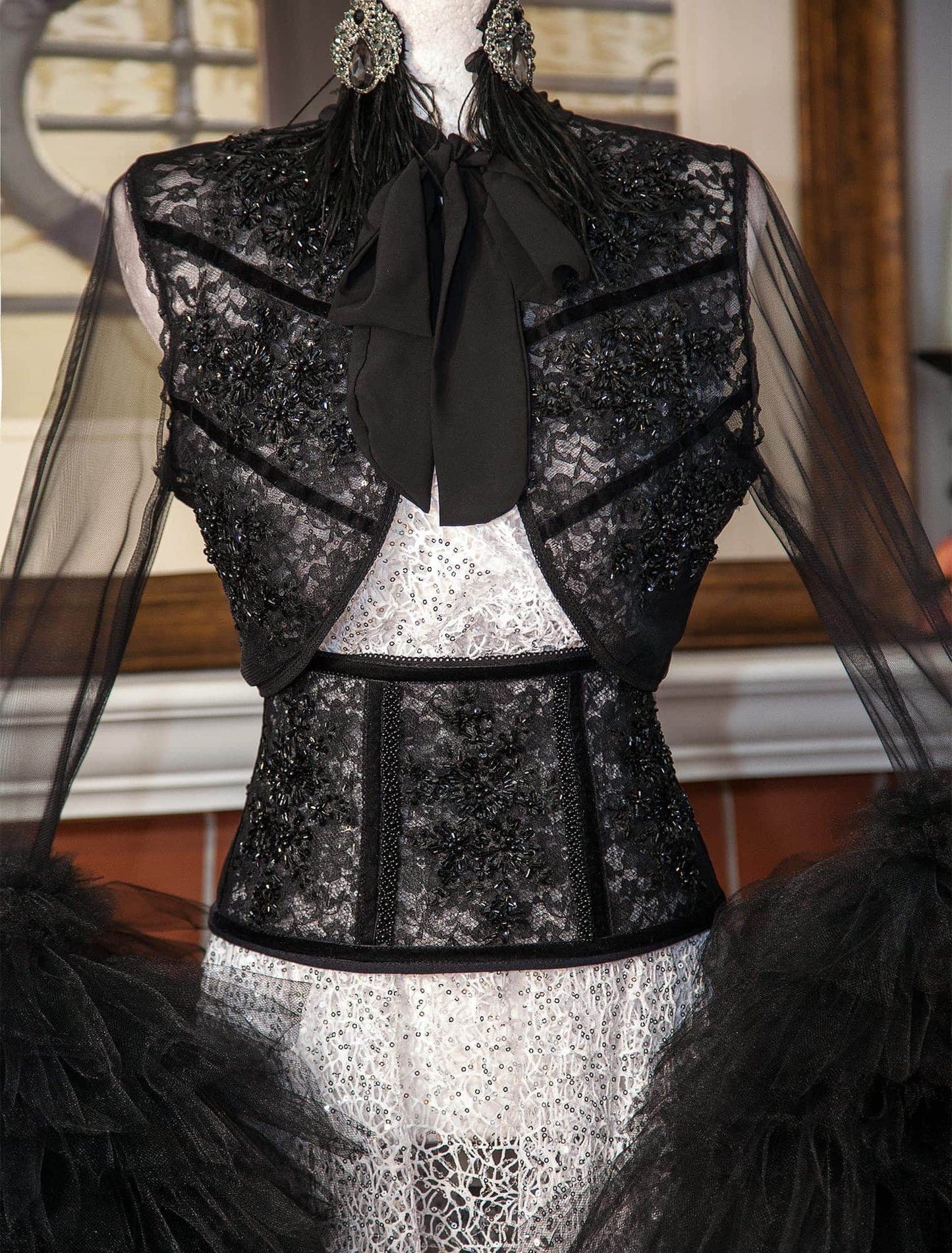 Embroidered Semi Sheer Large Tulle Sleeves Black Bolero Jacket
