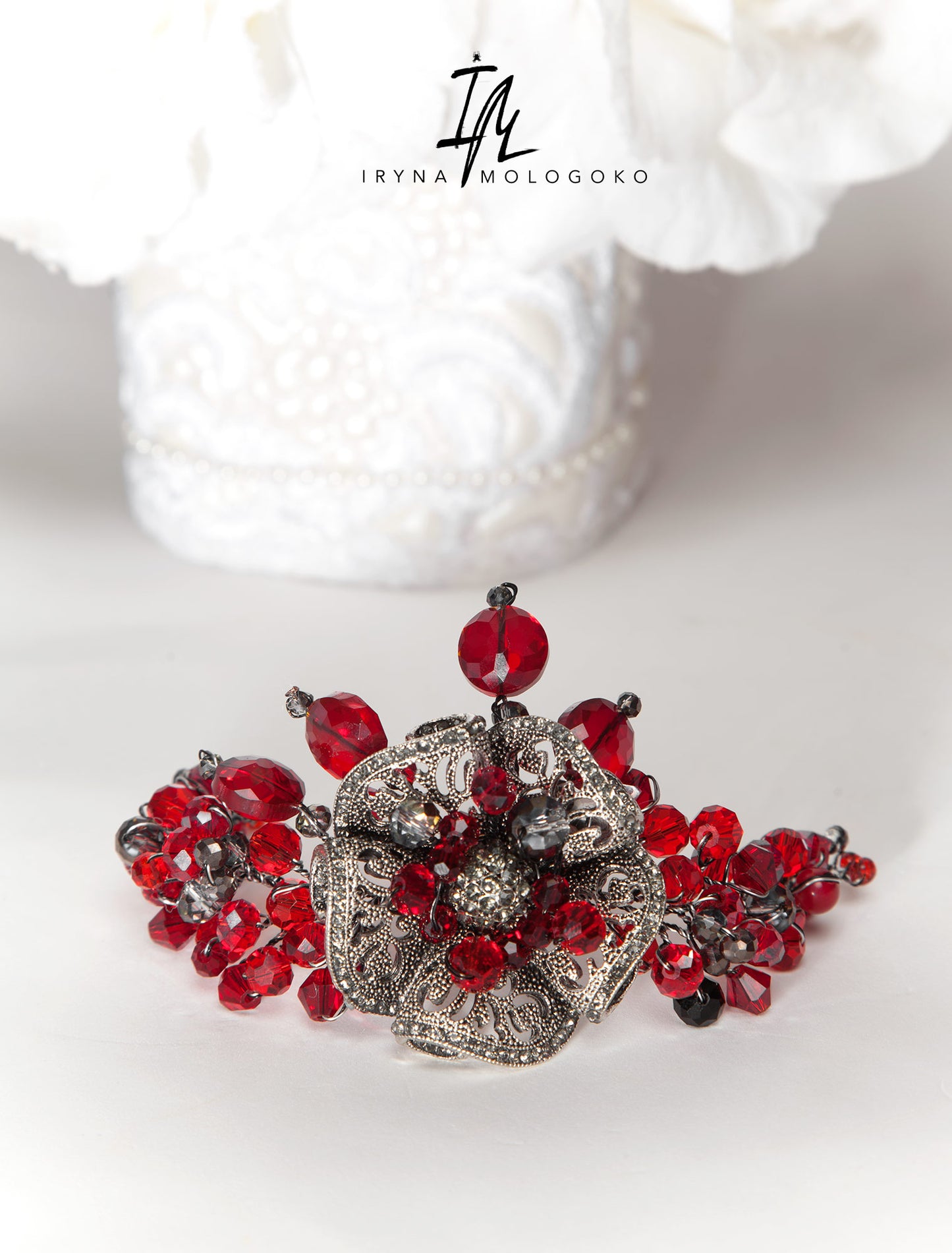 Chunky Ruby Red Silver Hand Beaded Bracelet