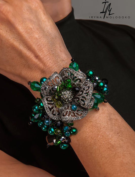 Emerald Green Chunky Dark Silver Hand Beaded Bracelet - Mologoko Couture