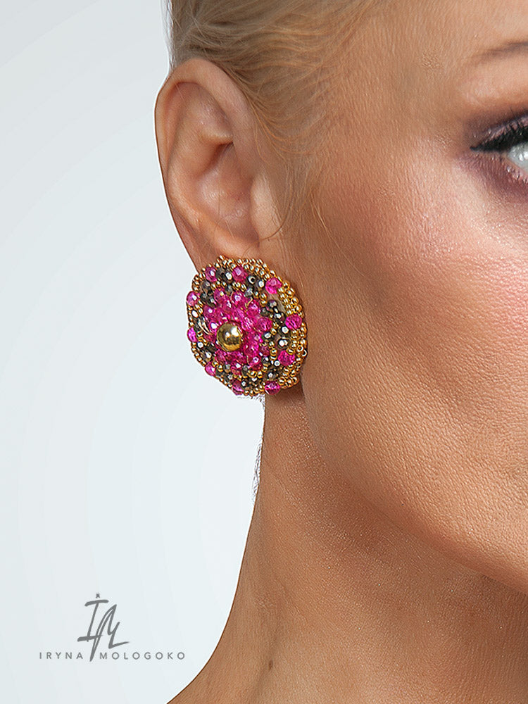 Hot Pink and Gold Hand Beaded Stud Earrings