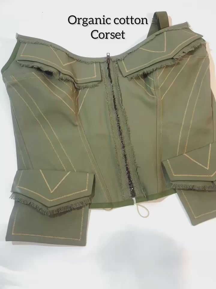 Olive Organic Cotton Quilted Front Zipper Corset with Pockets