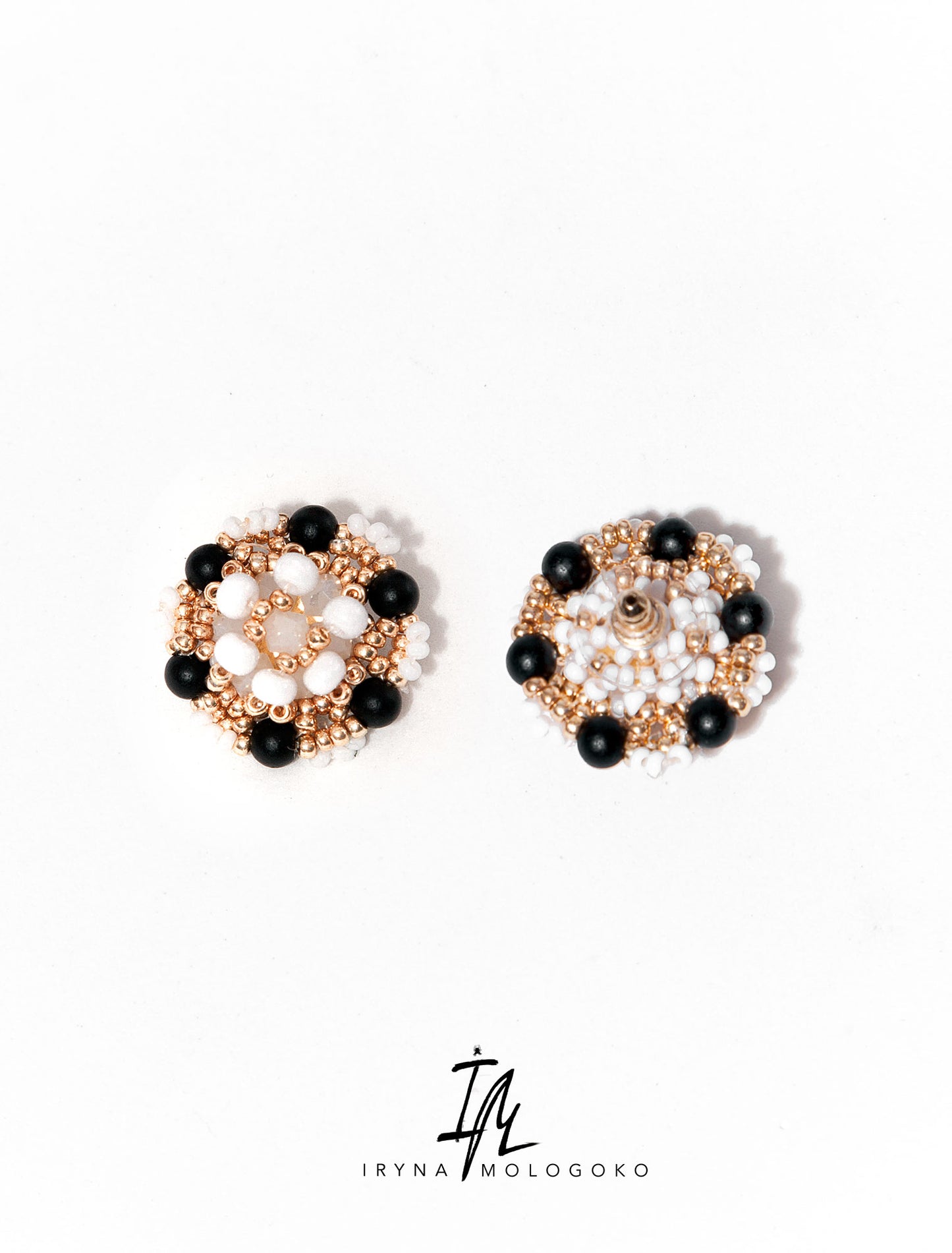 Black White and Gold Hand Beaded Stud Earrings