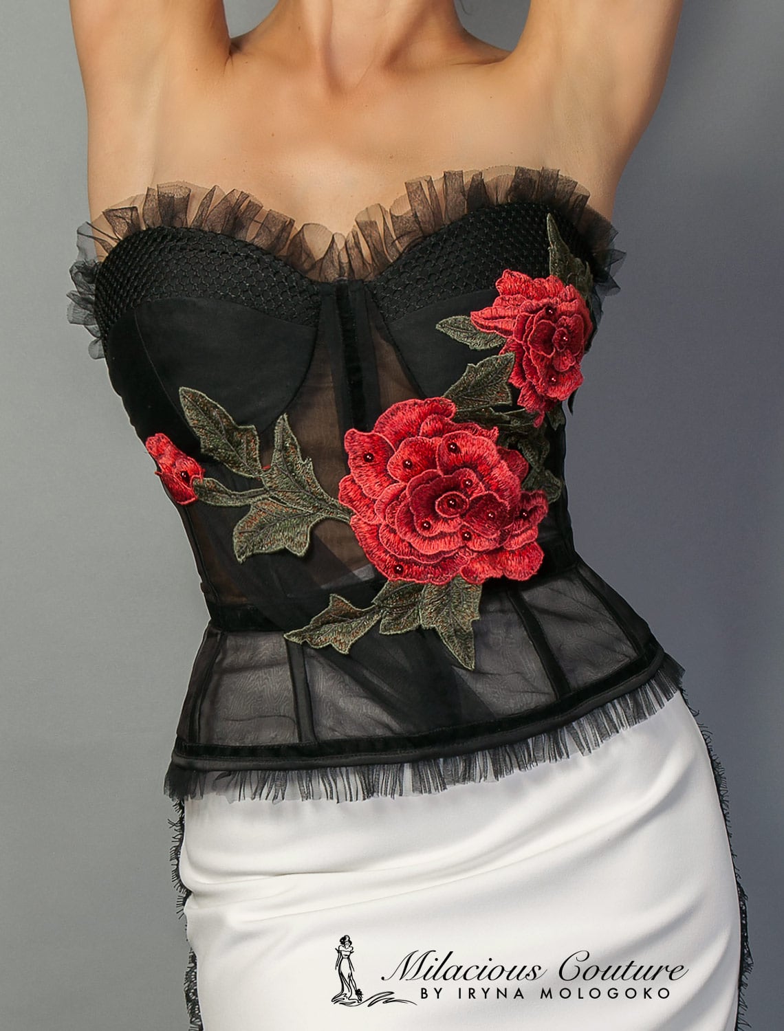 Carmen Red Carpet Style Embroidered Rose Corset - Mologoko Couture