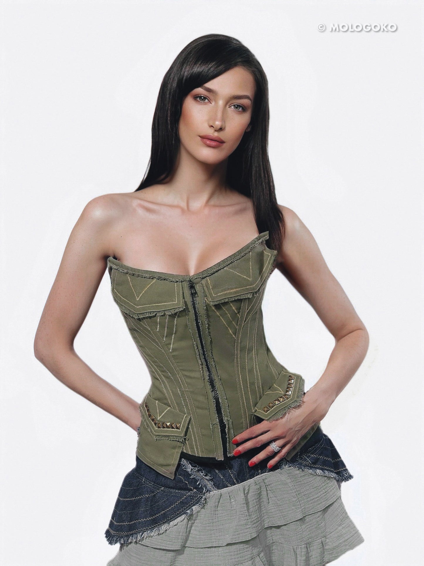 Olive Organic Cotton Quilted Front Zipper Corset with Pockets