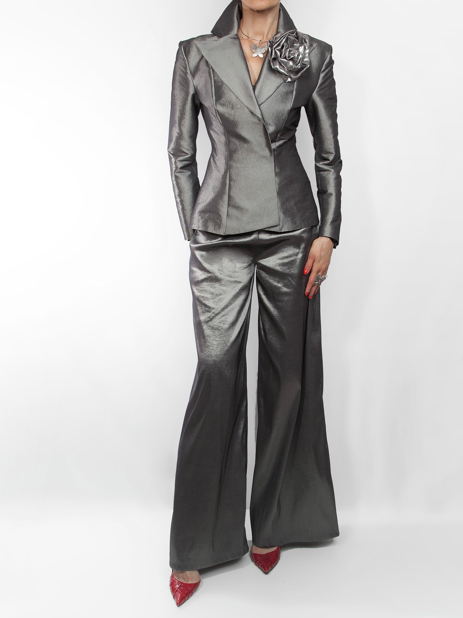 Stretch Taffeta Light Pantsuit Wide Leg Trousers - Mologoko Couture