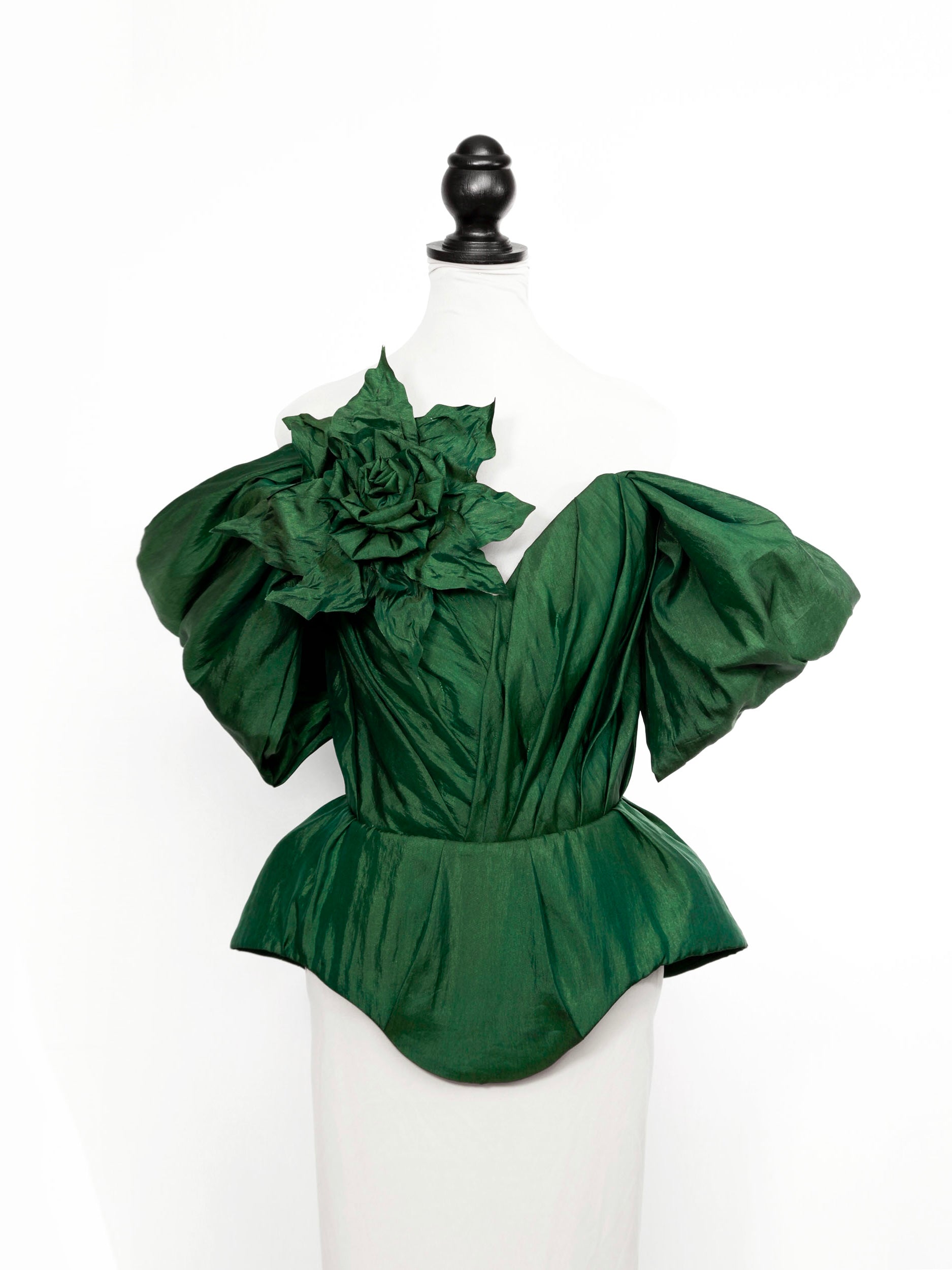 Emerald Green Silk Taffeta Draped Corset with Peplum