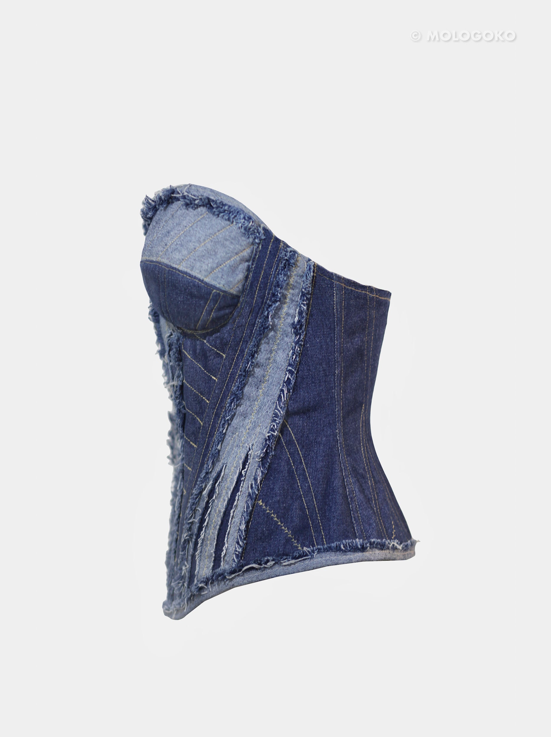 “Fray Play” Sculpted Two-Tone Denim Corset - custom made clothing