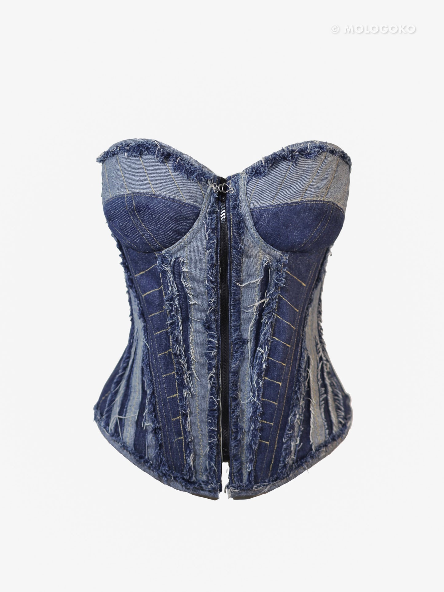 “Fray Play” Sculpted Two-Tone Denim Corset - custom made clothing