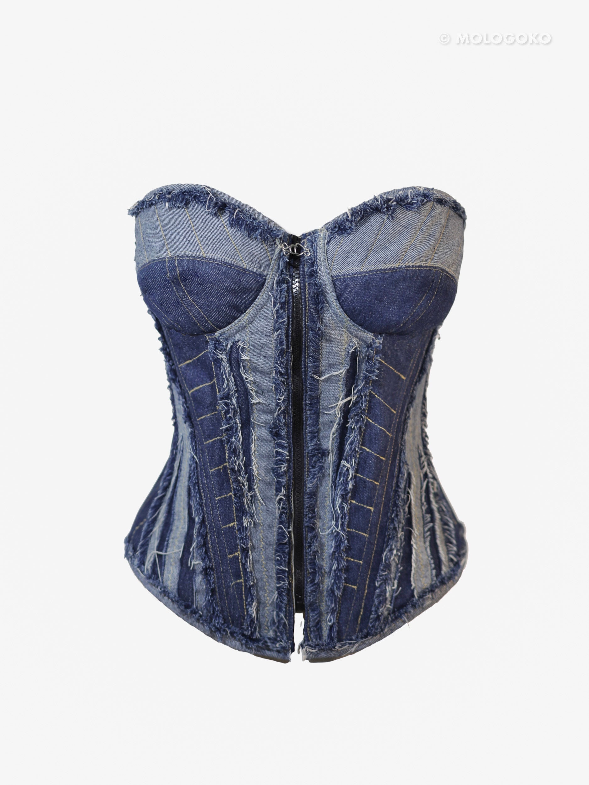 “Fray Play” Sculpted Two-Tone Denim Corset - custom made clothing