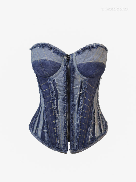 “Fray Play” Sculpted Two-Tone Denim Corset - custom made clothing