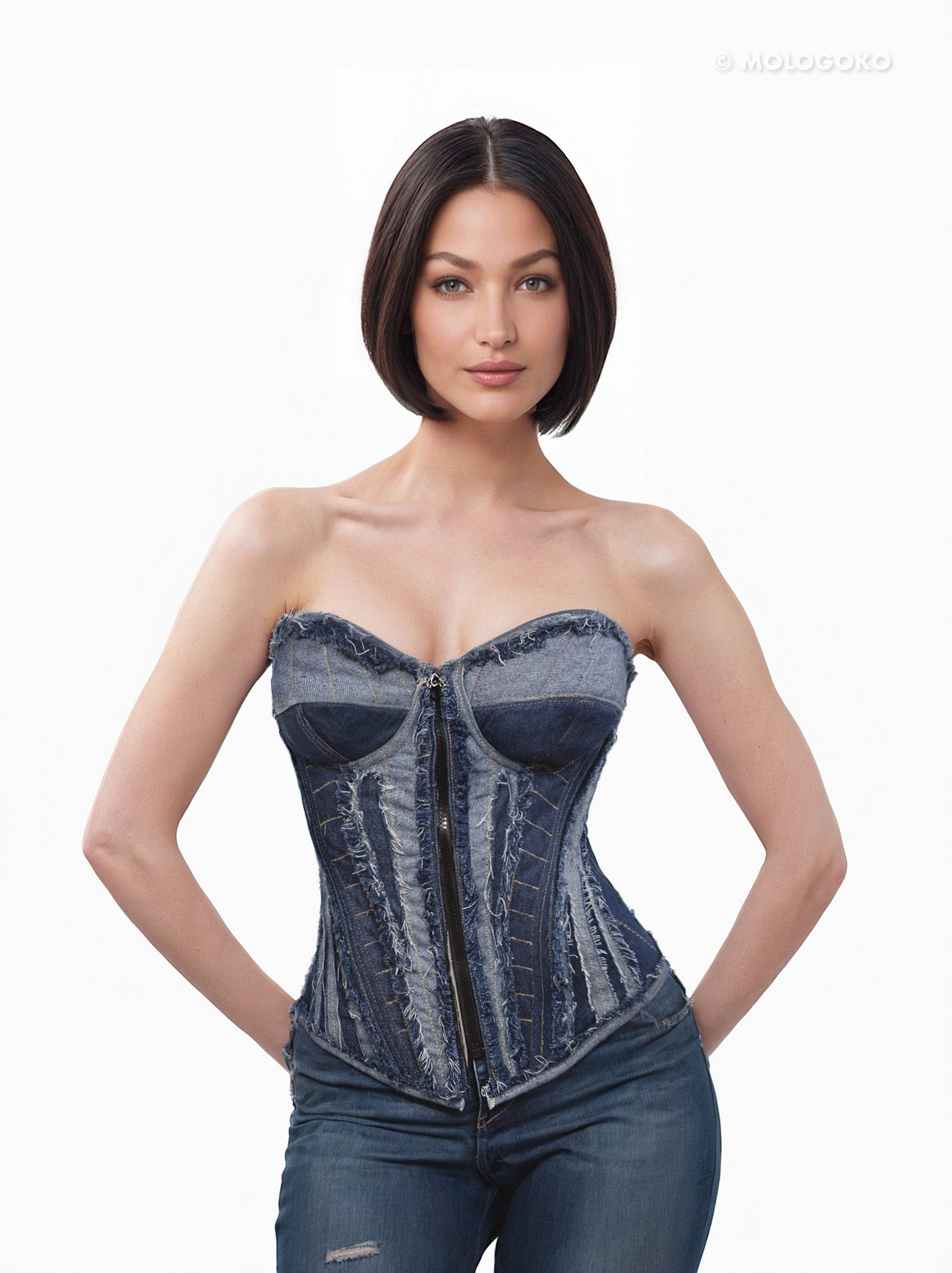 Denim Organic Cotton Quilted Front Zipper Corset - Mologoko Couture