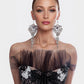 Amily Extra Large Dangle Statement Earrings shown with dramatic crystal cascading design in silver, 8 inches long