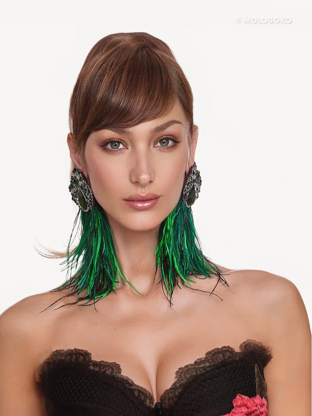 EMERALD GREEN VIOLETA Dangle Statement Feather Earrings on POST - Mologoko Couture