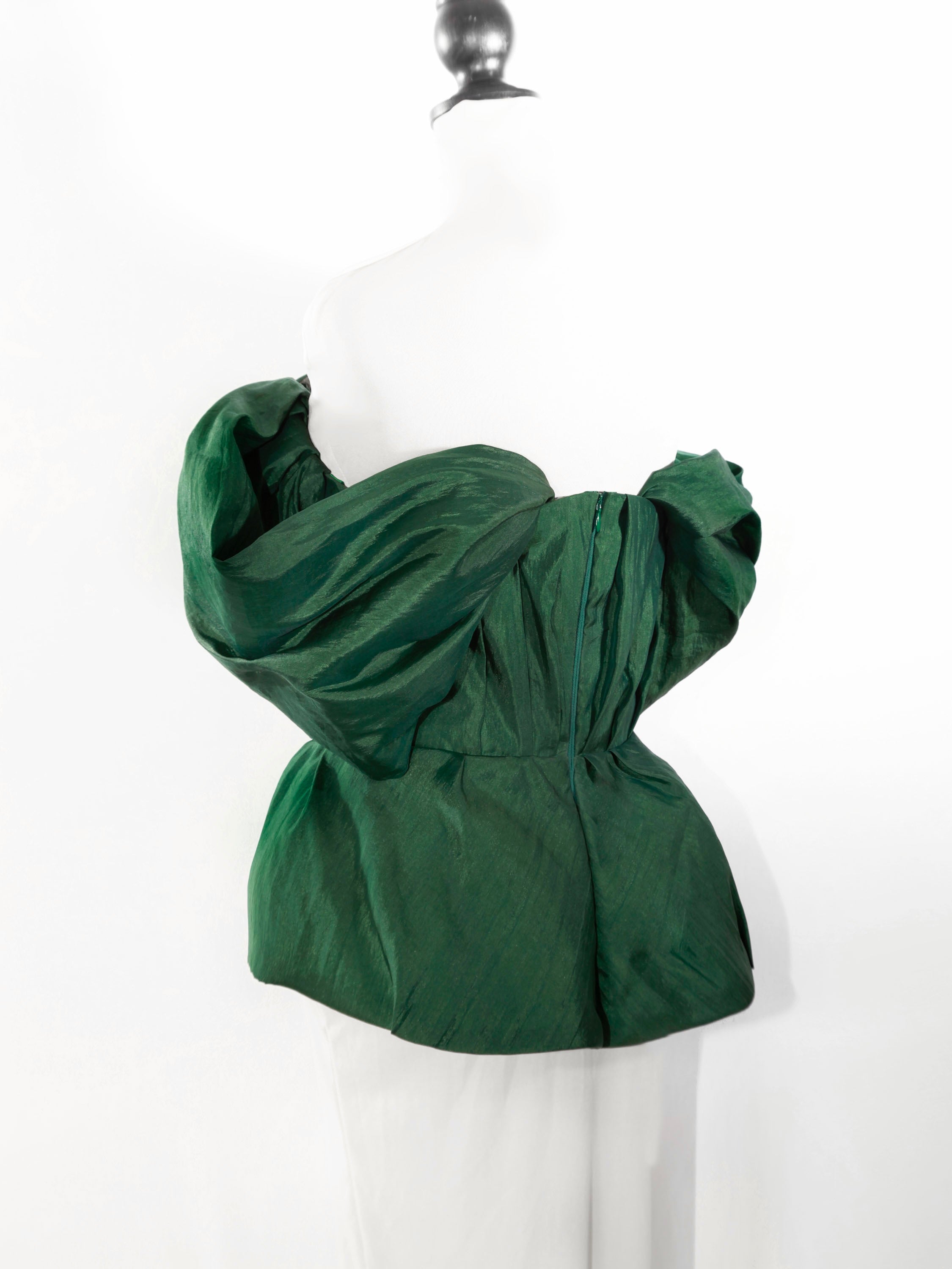 Emerald Green Silk Taffeta Draped Corset with Peplum