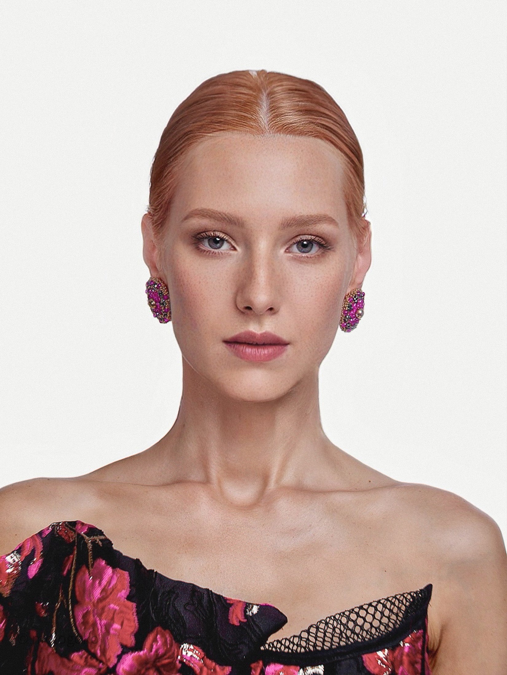 Hot Pink and Gold Hand Beaded Stud Earrings - Mologoko Couture