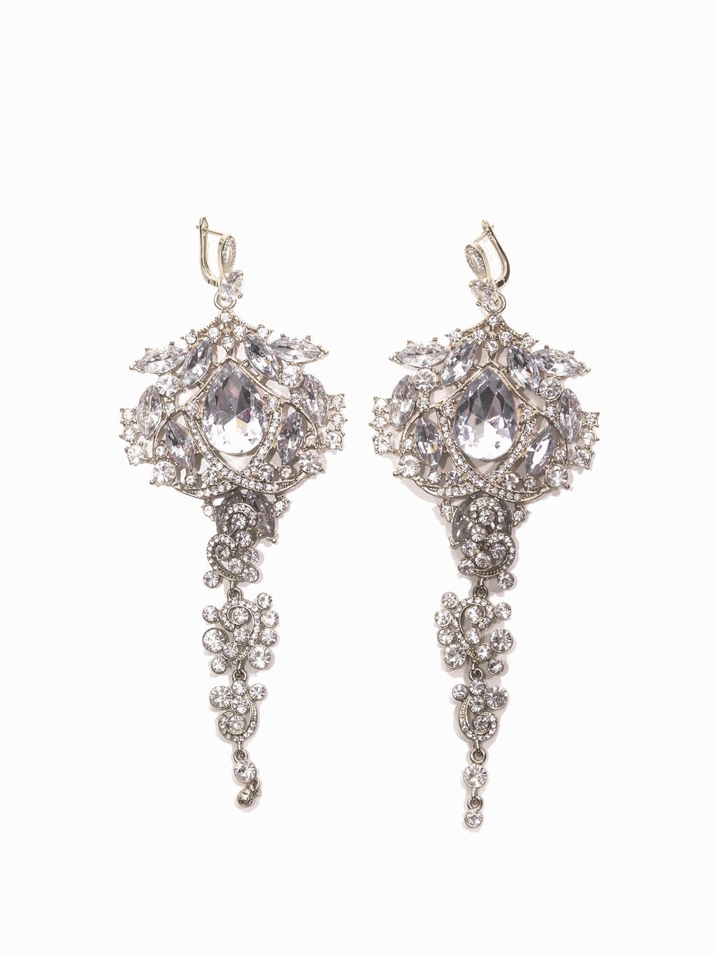 Amily Extra Large Dangle Statement Earrings with ornate crystal chandelier design in silver, featuring cascading glass beads