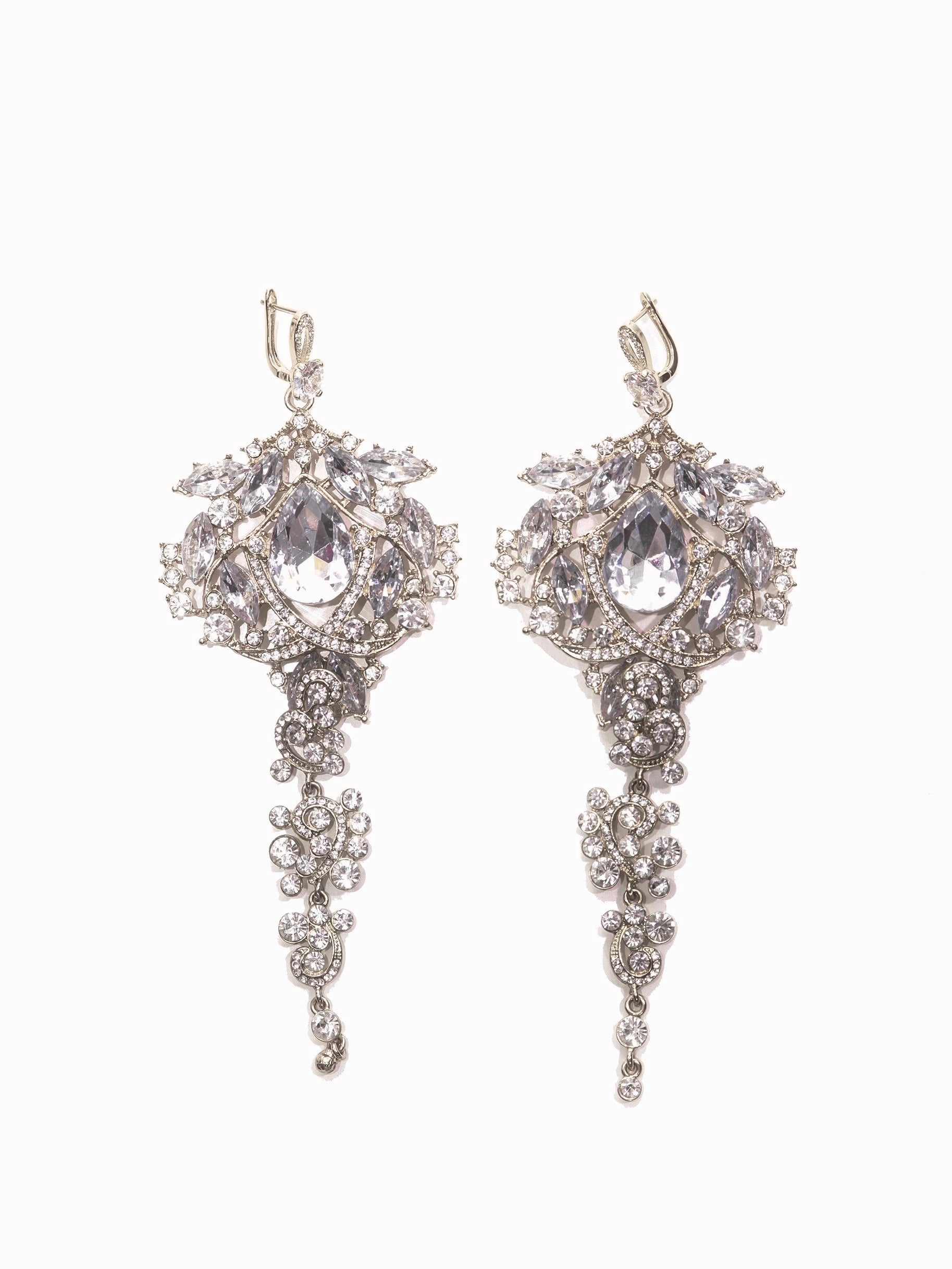 Amily Extra Large Dangle Statement Earrings with ornate crystal chandelier design in silver, featuring cascading glass beads