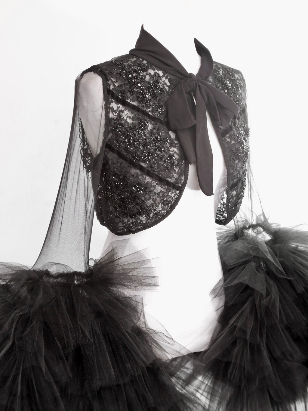 Embroidered Semi Sheer Large Tulle Sleeves Black Bolero Jacket - Mologoko Couture