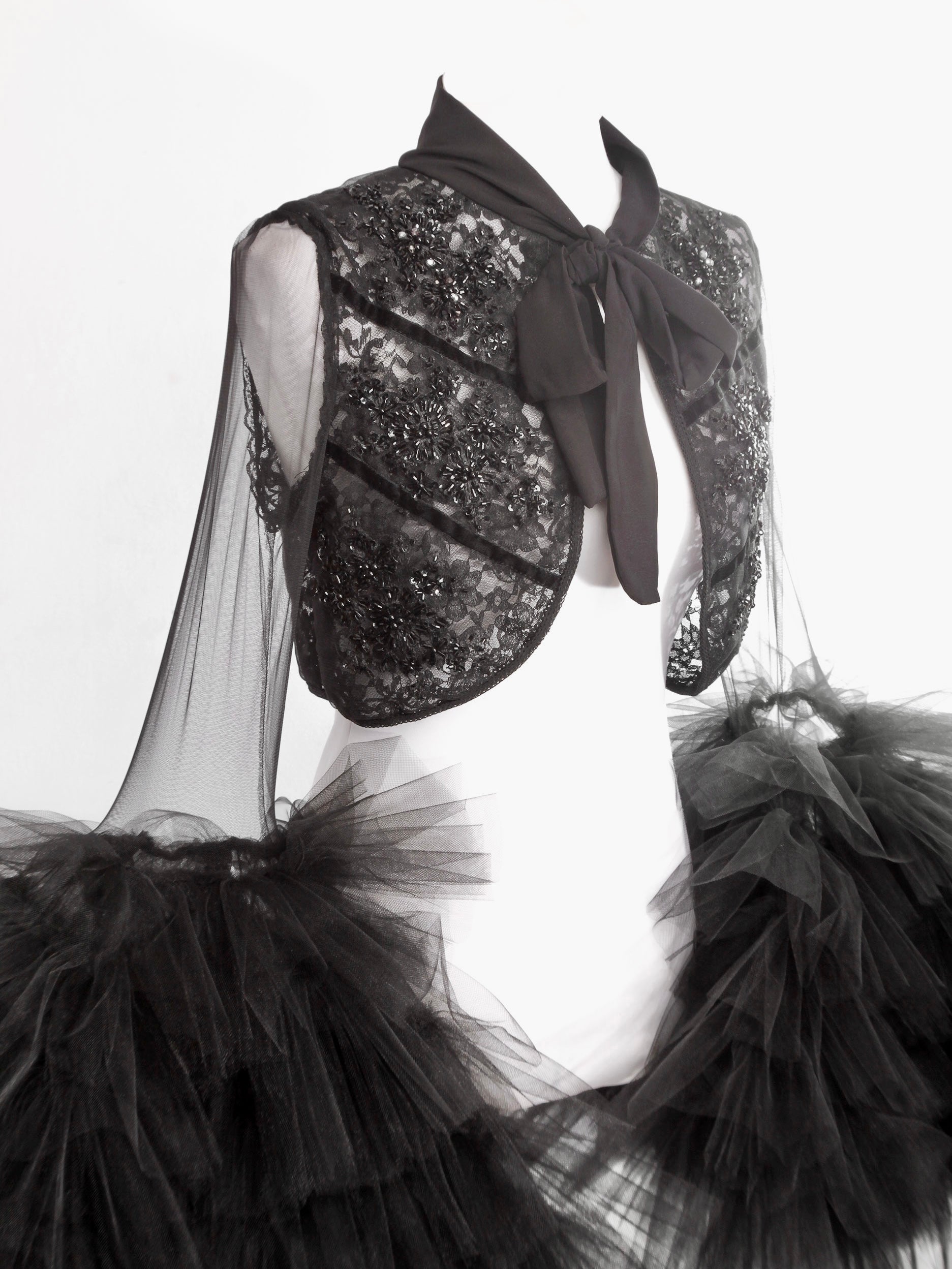 Embroidered Semi Sheer Large Tulle Sleeves Black Bolero Jacket - Mologoko Couture