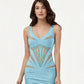 Aqua blue bodycon mini dress with lace illusion cutout pattern shown on white background