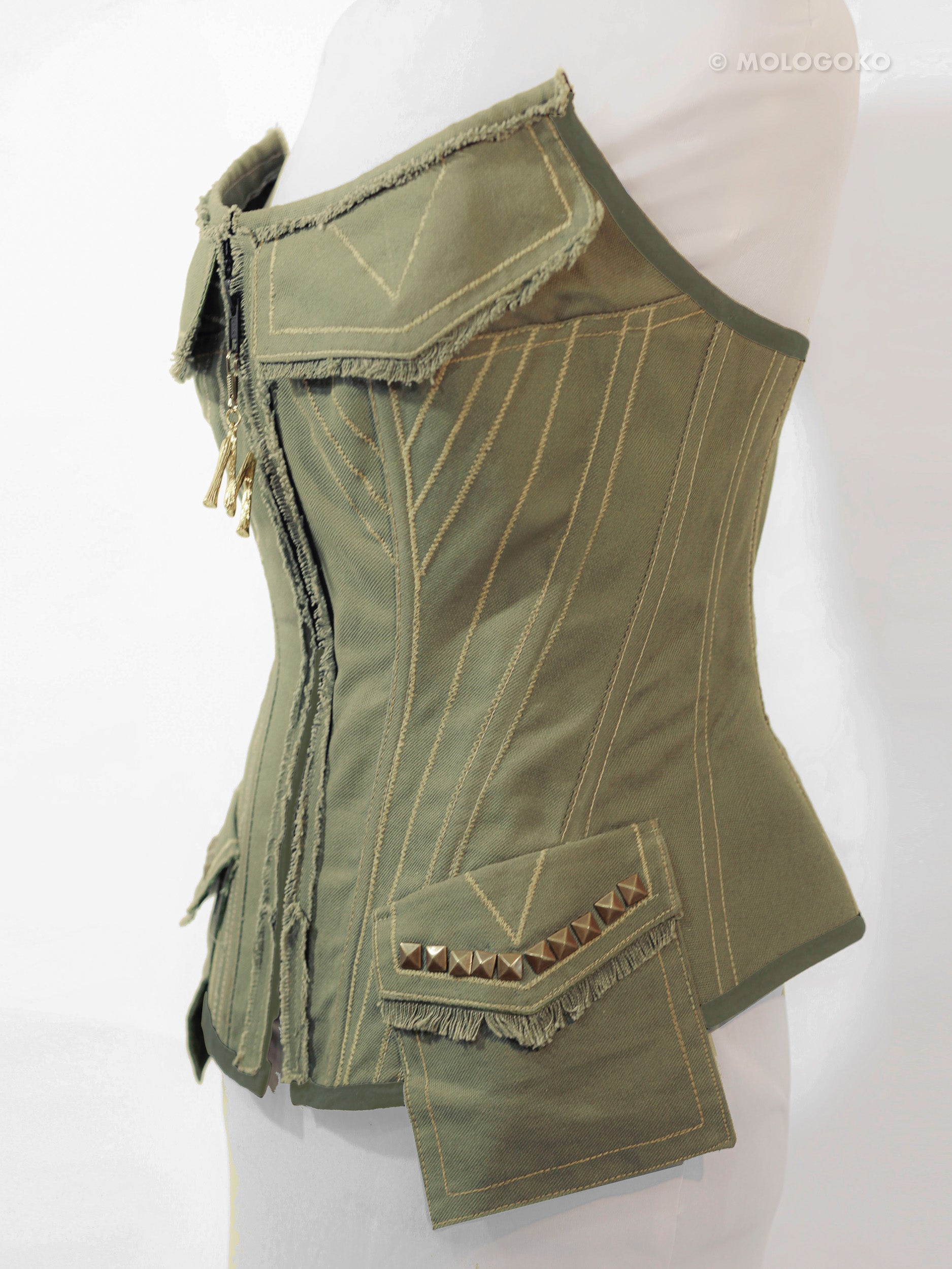 Olive Organic Cotton Quilted Front Zipper Corset with Pockets - custom made clothing