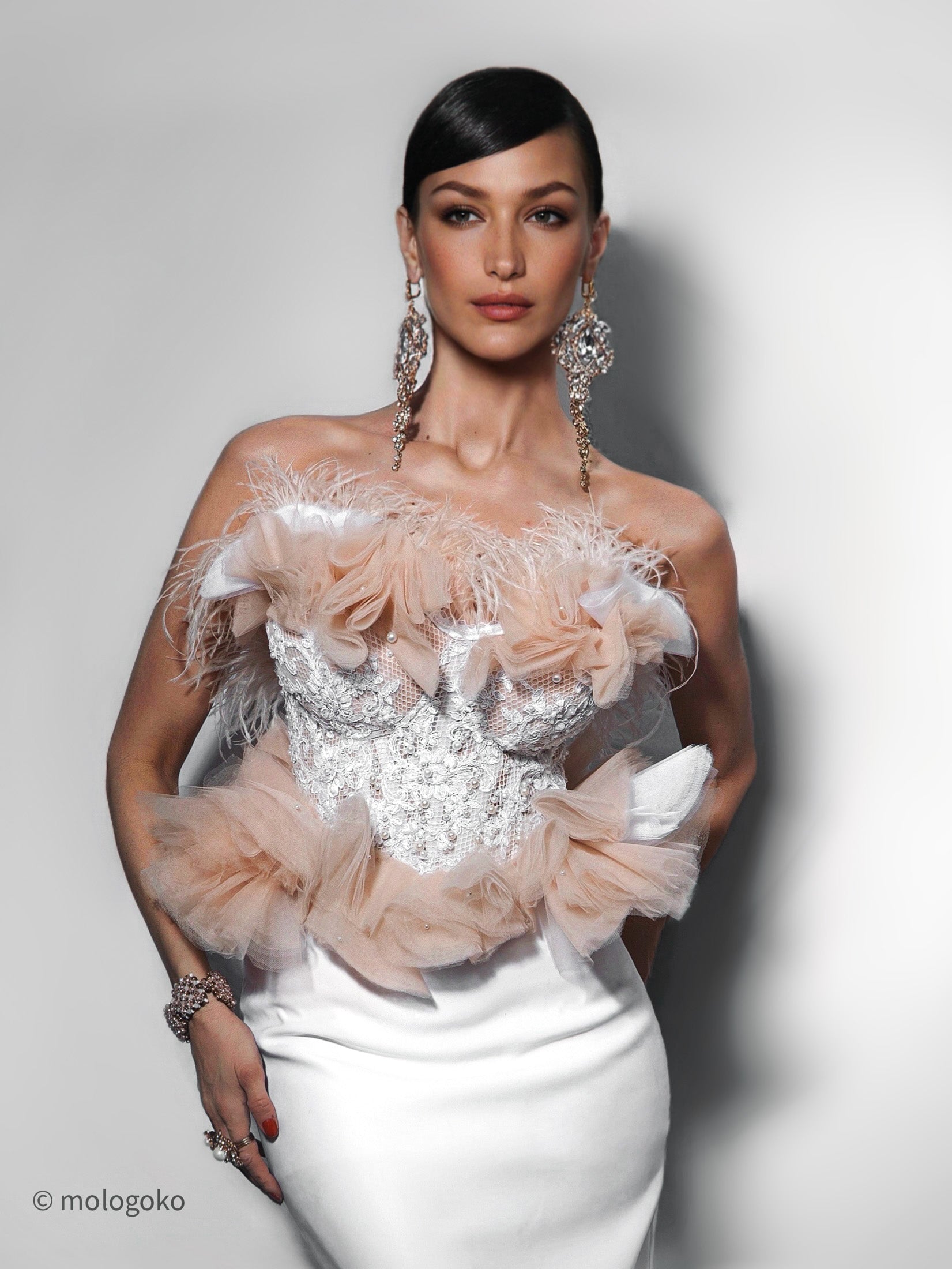 White Swan Red Carpet Style Wedding Corseted Gown Set - Mologoko Couture