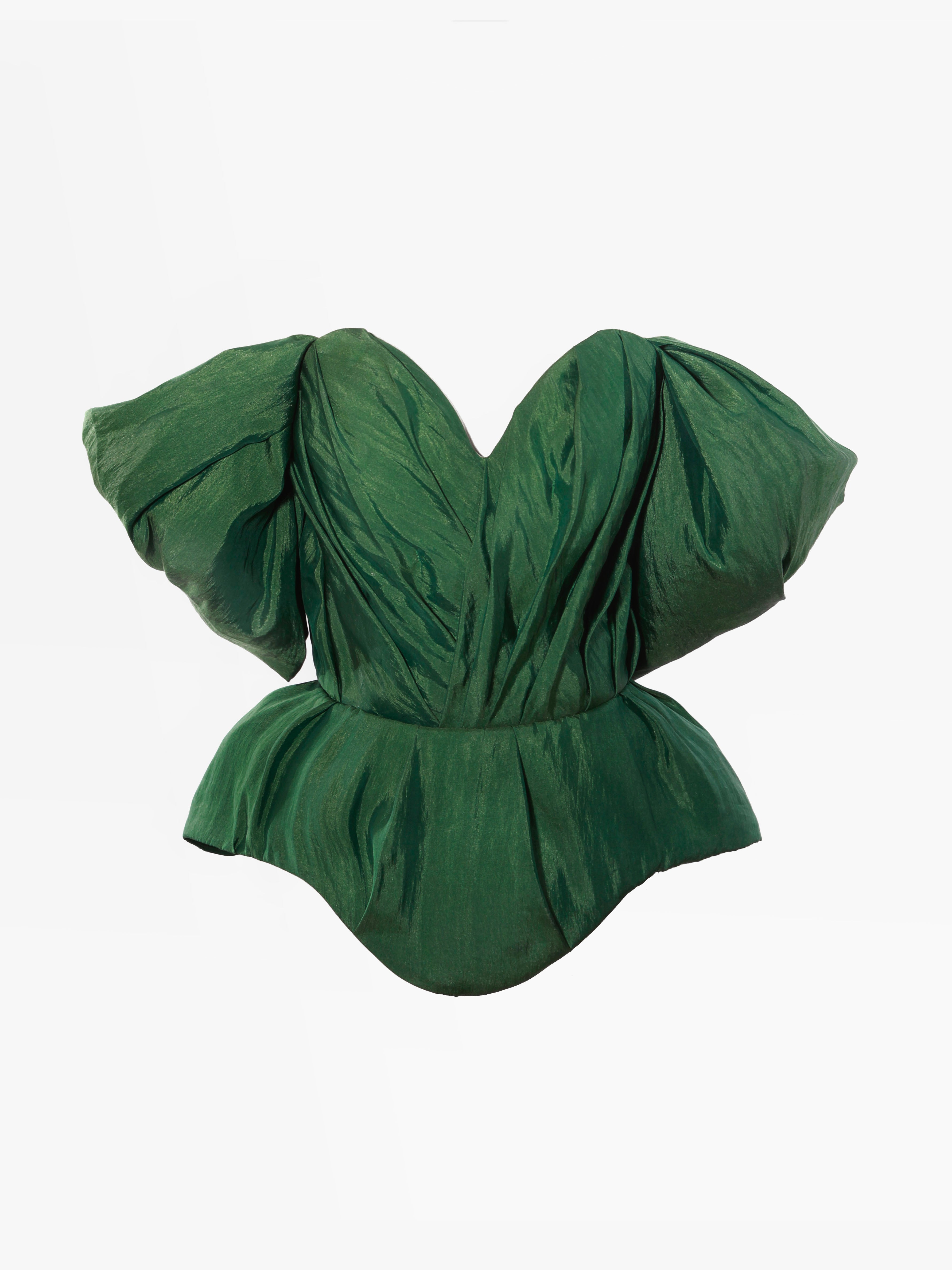 Emerald Green Silk Taffeta Draped Corset with Peplum
