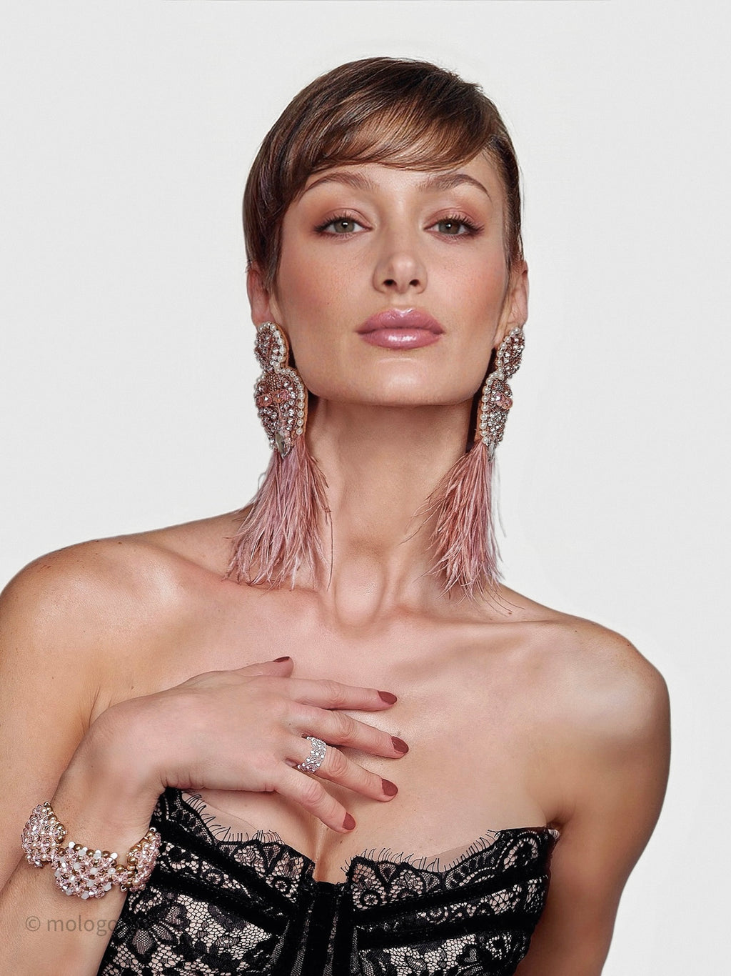 BLUSH PINK BEADED OSTRICH FEATHER STATEMENT EARRINGS - Mologoko Couture