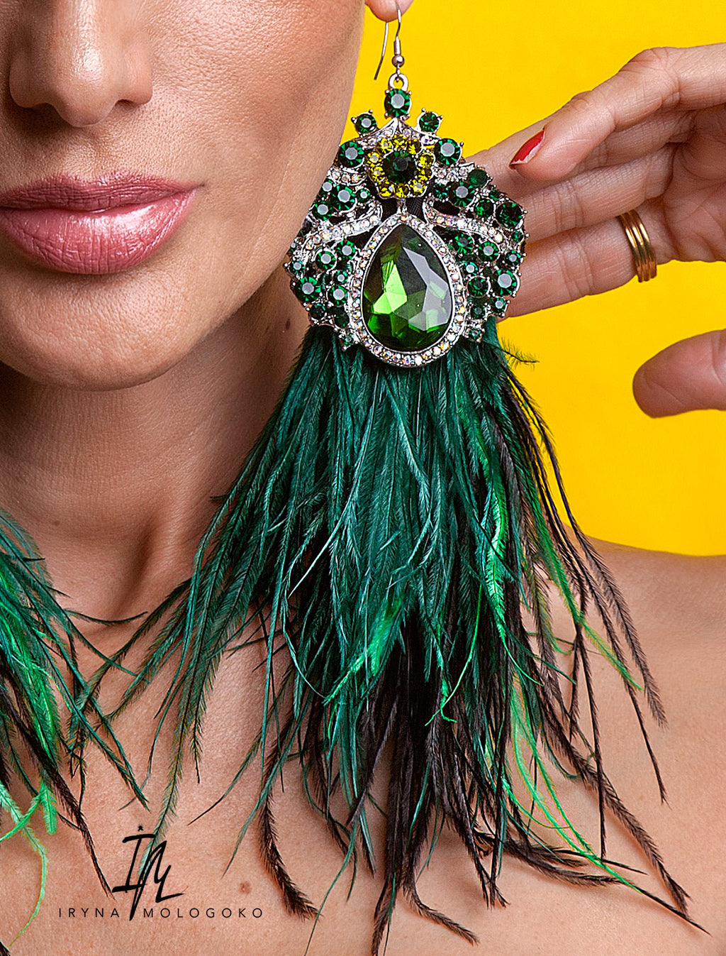 Emerald Green VIOLETA Dangle Statement Feather Earrings on a Post or Wire - Mologoko Couture