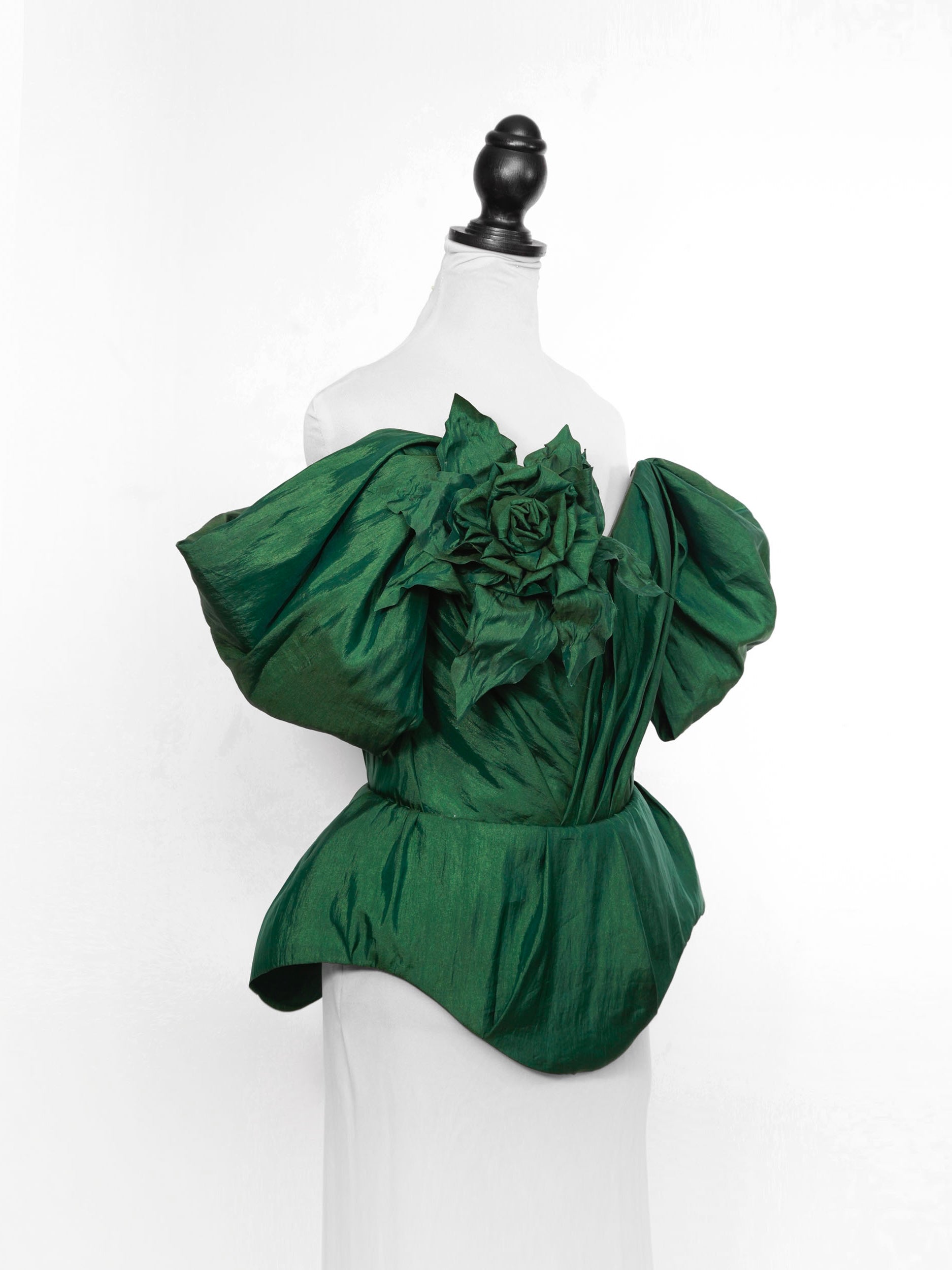Emerald Green Silk Taffeta Draped Corset with Peplum